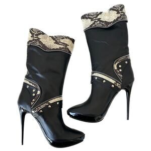 Tabitha Simmons Heidi Black Leather Snakeskin Stiletto Heeled Boots Size 37.5